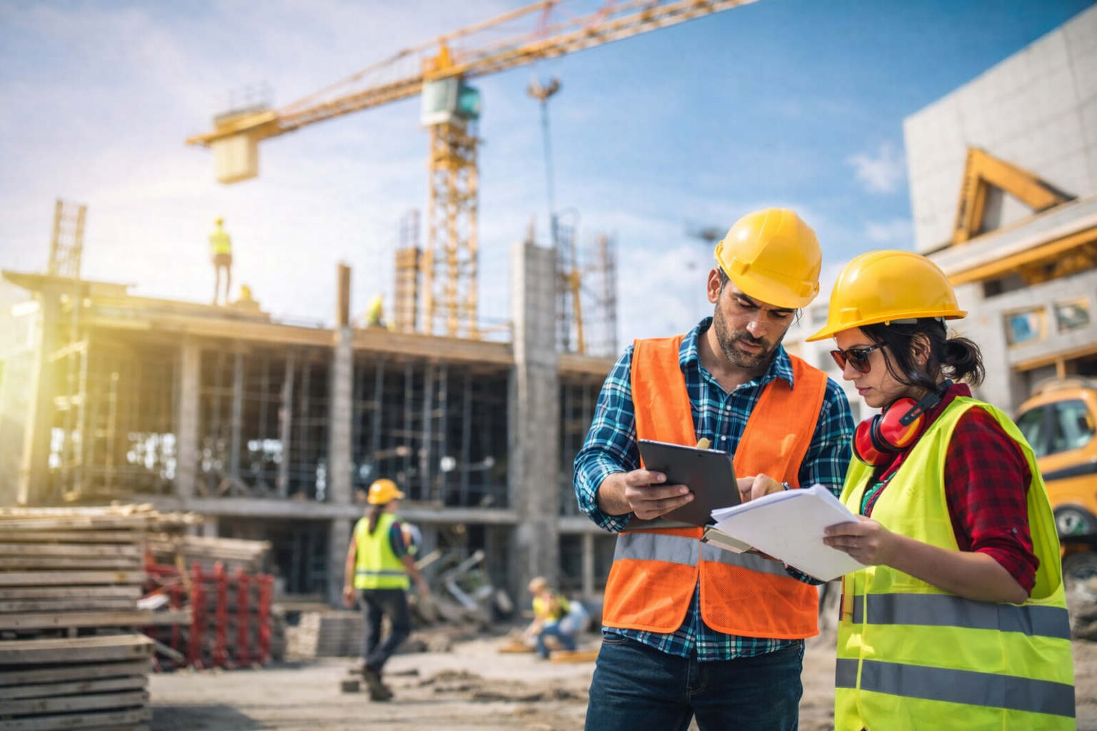 Operai in cantiere edile con casco e dispositivi di sicurezza mentre verificano documenti – patente a crediti e sicurezza sul lavoro