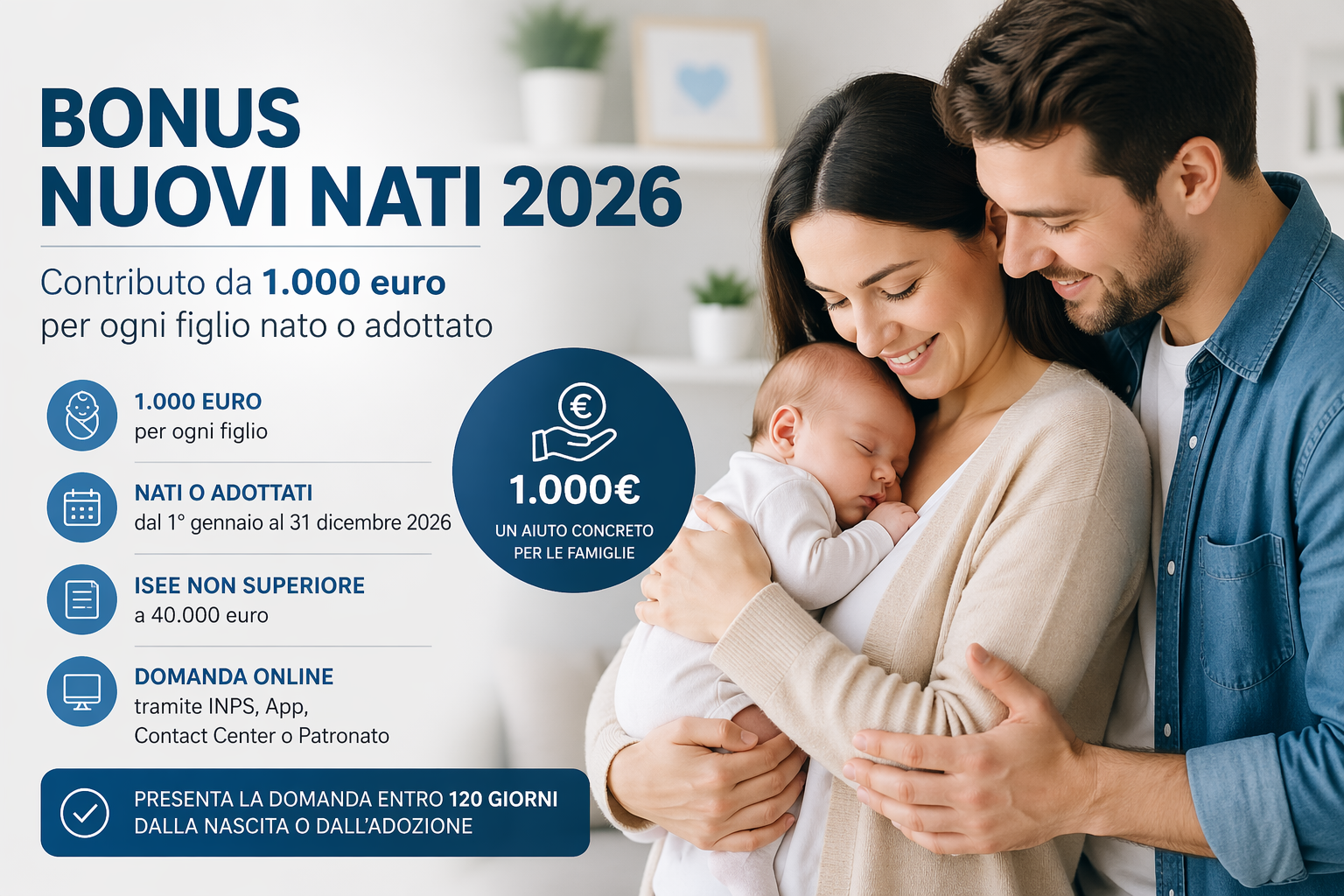 Bonus nuovi nati 2026 INPS: famiglia con neonato e grafica informativa su contributo 1000 euro, requisiti ISEE e domanda entro 120 giorni