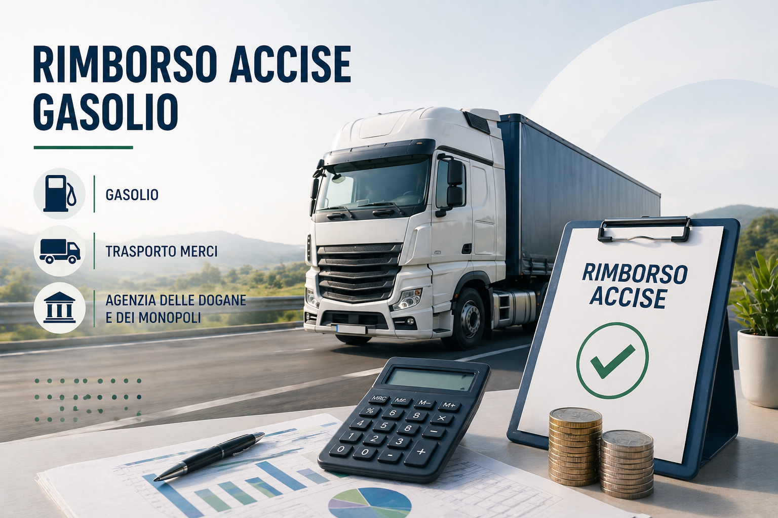 Camion per trasporto merci e grafica su rimborso accise gasolio con calcolatrice e documenti fiscali