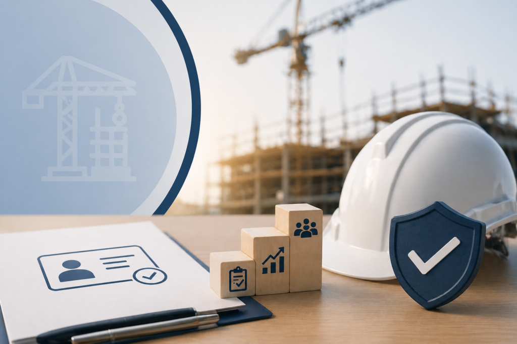 Concetto di patente a crediti nei cantieri con casco, documenti e simboli di sicurezza e crescita
