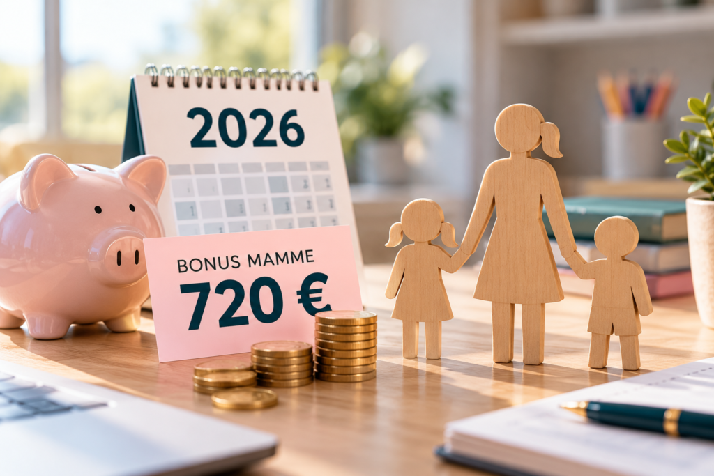 Bonus Mamme 2026: contributo fino a 720 euro annui rappresentato da salvadanaio, monete e figure in legno di una madre con due figli.